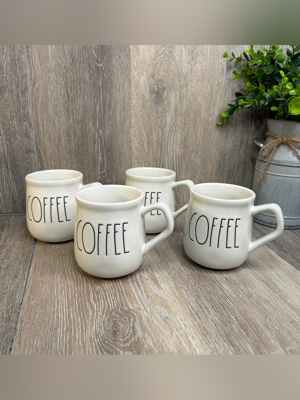 Rae Dunn COFFEE Mug Set of 4 Ivory White LL Large Handle Cups Farmhouse 16 oz